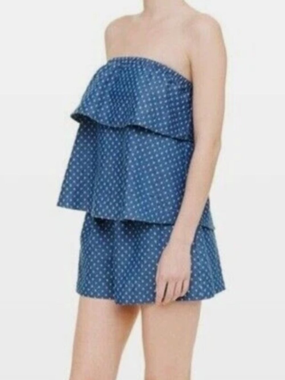 Club Monaco Layered Distressed Denim Polka Dot Strapless Romper